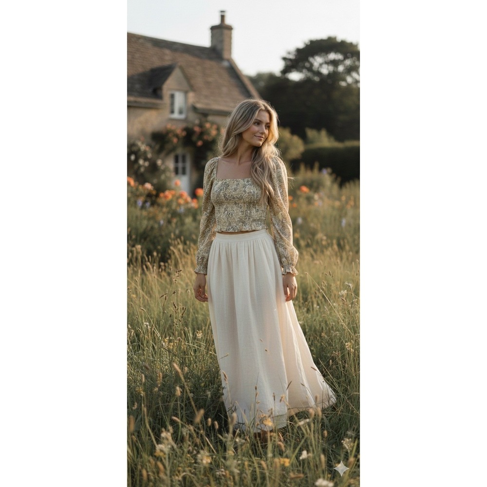 Boho Floral Smocked Crop Top Puff‎ Sleeve Large Milkmaid Coquette Earthy Fairy